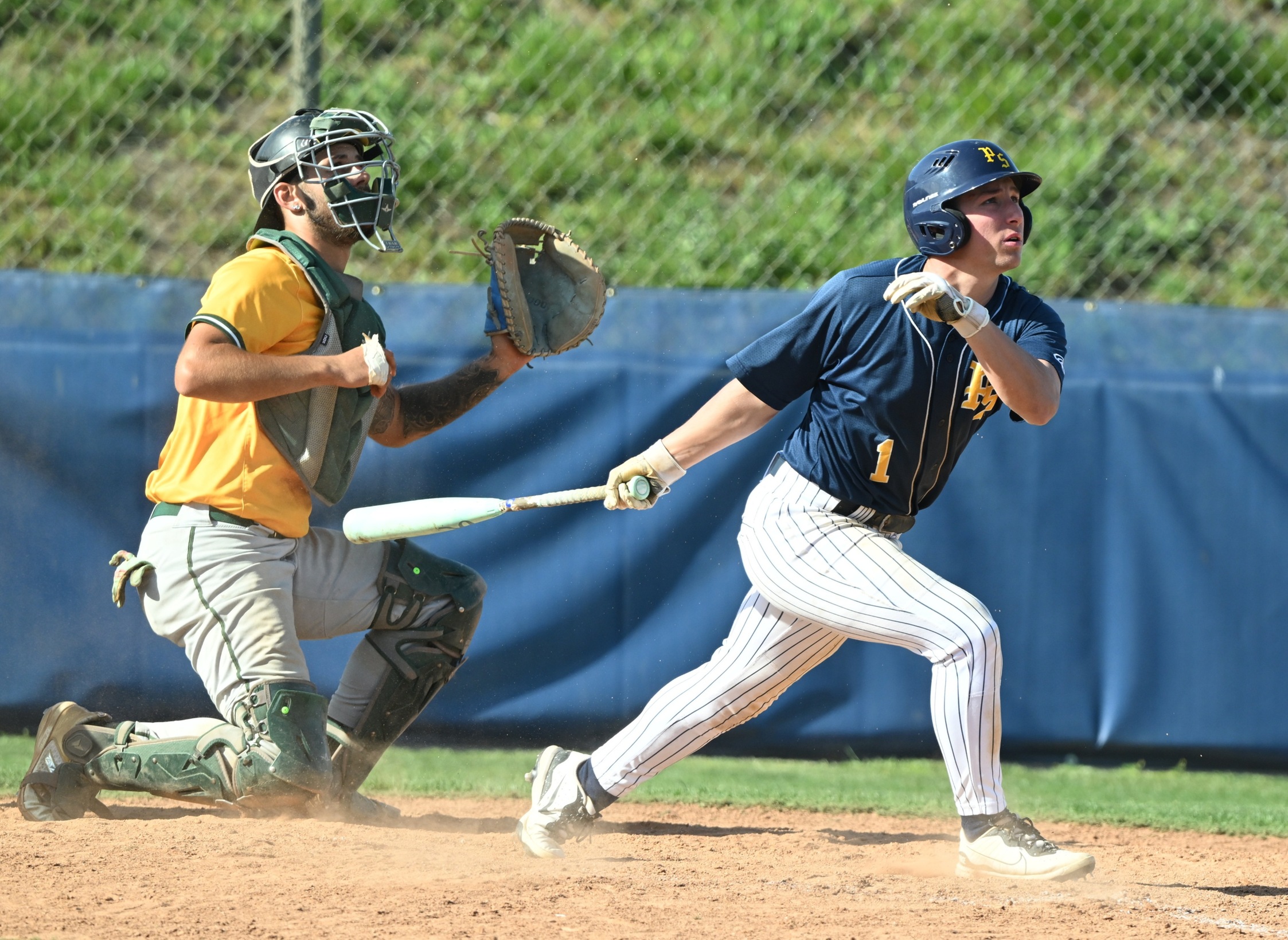 Brayden Harris connects for a double during Potomac State's sweep over Cecil College on Monday afternoon at Golden Park.  Gameday photo by Raymond Burner